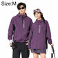 Sun protection coat in purple with hood, front zipper, and drawstring details.