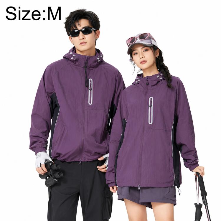 Sun protection coat in purple with hood, front zipper, and drawstring details.