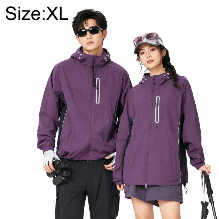 Purple hooded lightweight coat with front zipper and drawstring hem