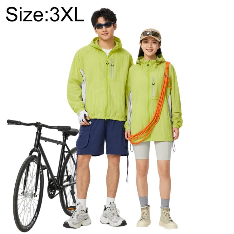 Green lightweight sun protection coat with zip front, hood, and drawcord hem
