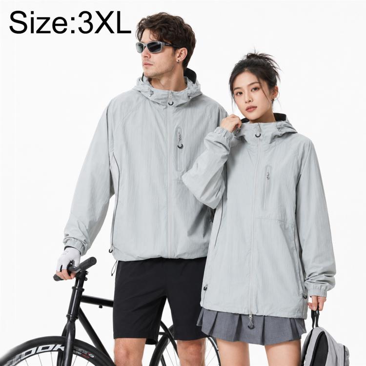 Light gray zip-up hooded sun protection coat with front zipper and elastic cuffs