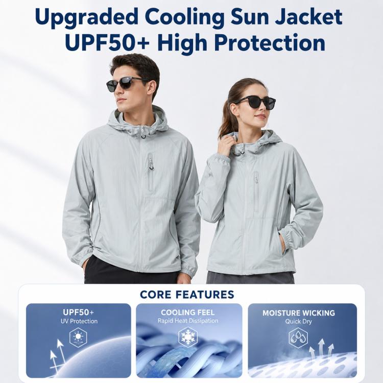 Light gray hooded sun protection jacket with zip front and elastic cuffs