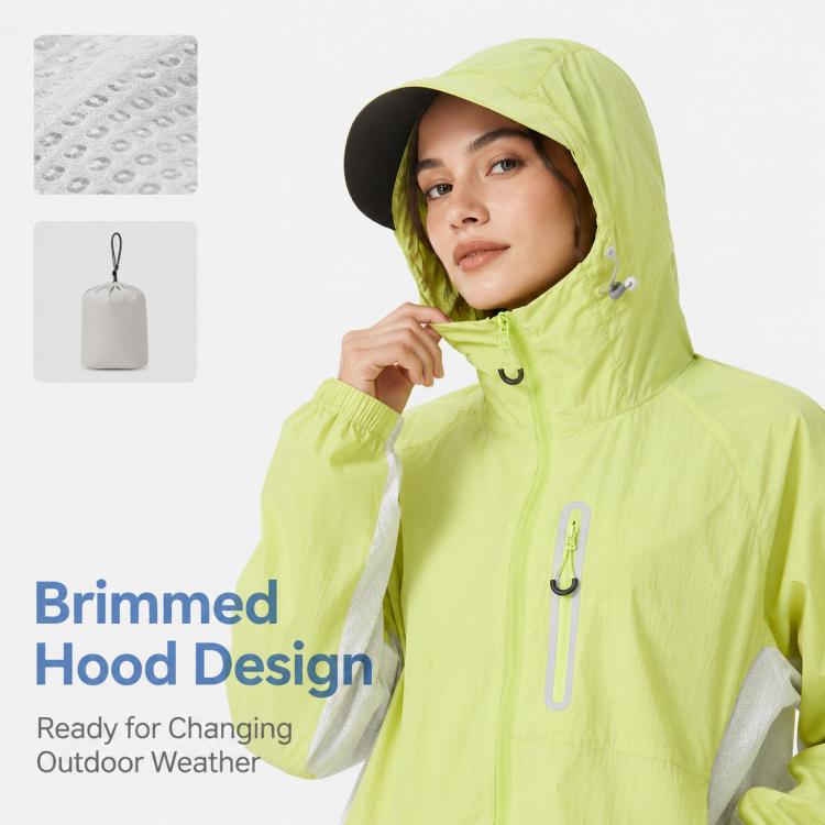 Lime green hooded sun protection coat with zip front and adjustable drawcord