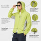 Lime green hooded sun protection coat with brim hood, zip front, and adjustable hem
