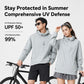 Light gray hooded sun protection jacket with zip front and brim hood, worn by two
