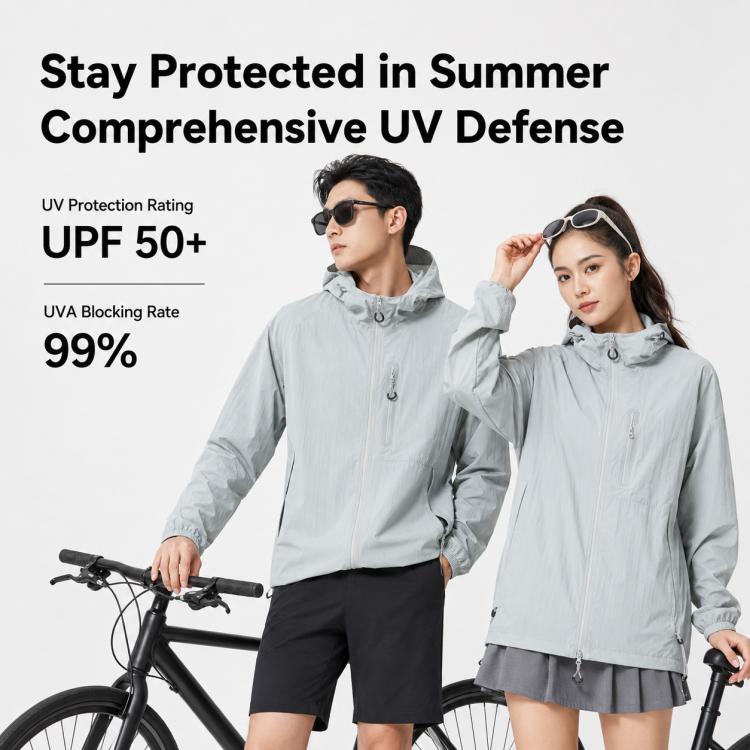 Light gray hooded sun protection jacket with zip front and brim hood, worn by two