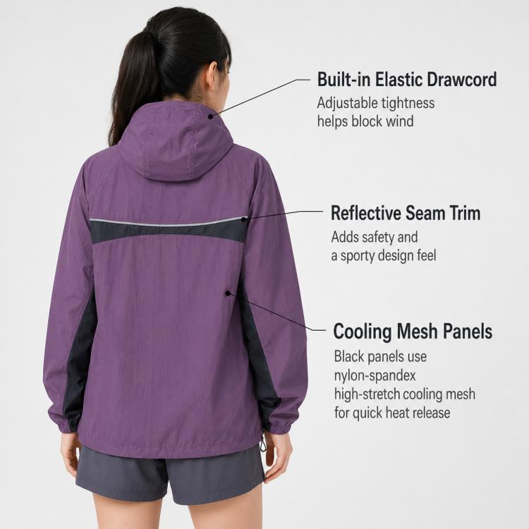 Lightweight sun coat in purple with hood, reflective seams, cooling mesh panels