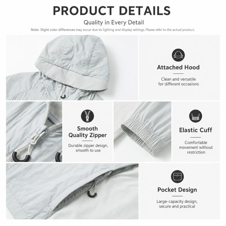 Lightweight sun coat details: attached hood, smooth zipper, elastic cuffs, pocket