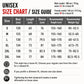 Unisex size chart graphic with coat measurements by size S to 3XL