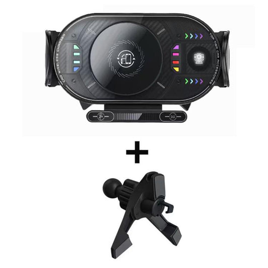 Black wireless car phone mount with rotating bracket and dashboard-style base