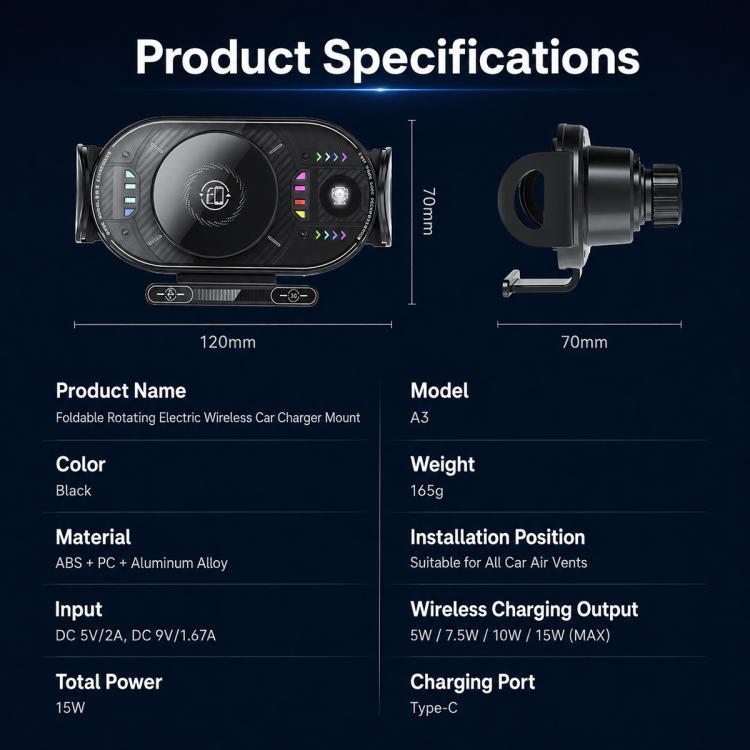 A3 15W Car Electric Wireless Fast Charging Rotating Bracket, A3 Bracket + Air Vent Base, A3 Bracket + Suction cup, A3 Bracket + Dual Base