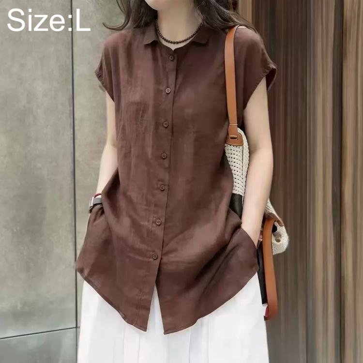 Women’s short-sleeve button-up shirt, dark brown, size L