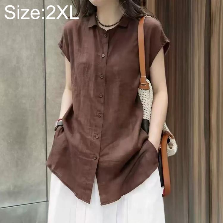 Women’s short-sleeve button-up shirt, dark brown, size 2XL