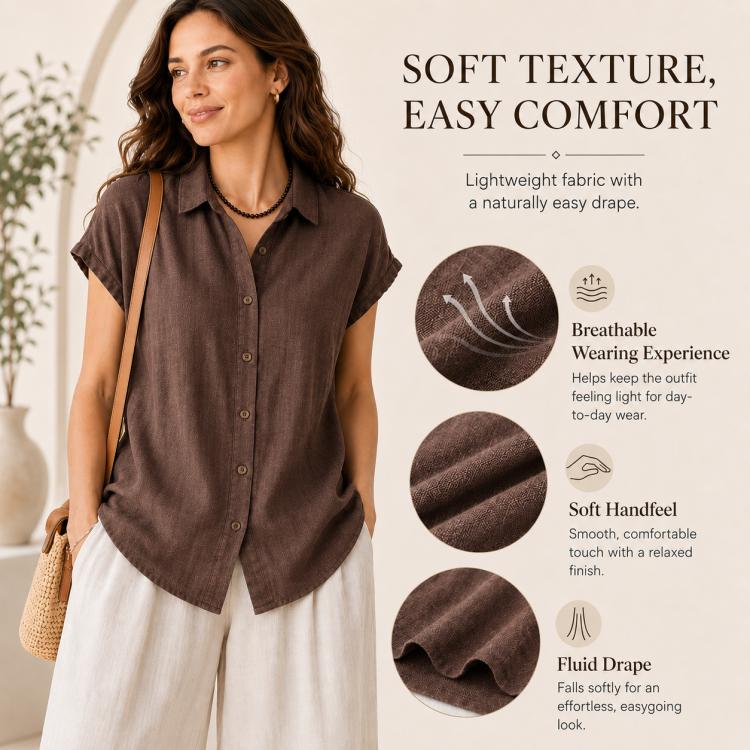 Women’s short-sleeve button-up shirt with pointed collar, dark brown color.