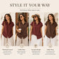 Women’s short-sleeve button-up shirt in burgundy, worn with casual outfits.