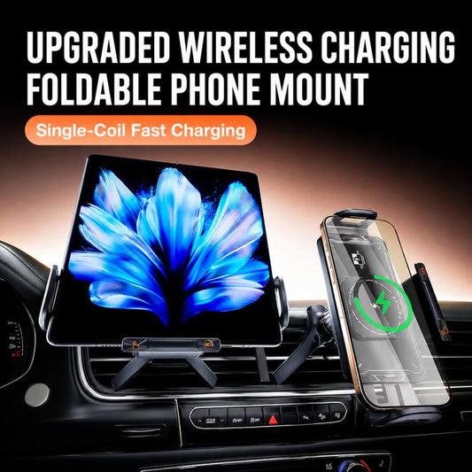 Black wireless charging foldable phone mount on car dashboard with phone held in place