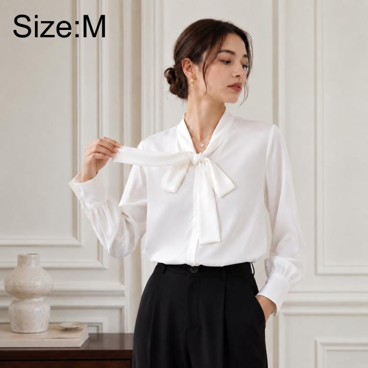 Women's blouse, white, bow tie neck, long sleeves, size M
