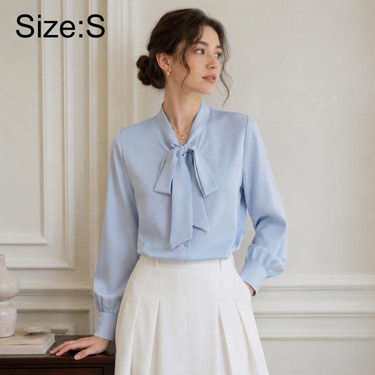 Women's blouse, light blue, bow tie neck, long sleeves, size S
