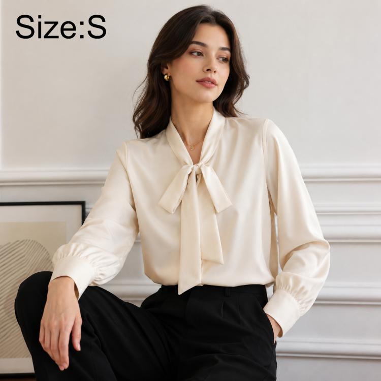 Women's blouse, beige, bow tie neck, long sleeves, size S