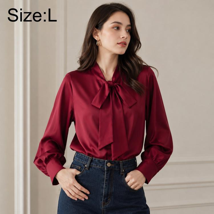 Women's bow tie neck blouse, long-sleeve, size L, wine red