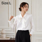 Women's bow tie neck blouse, long-sleeve, size L, white