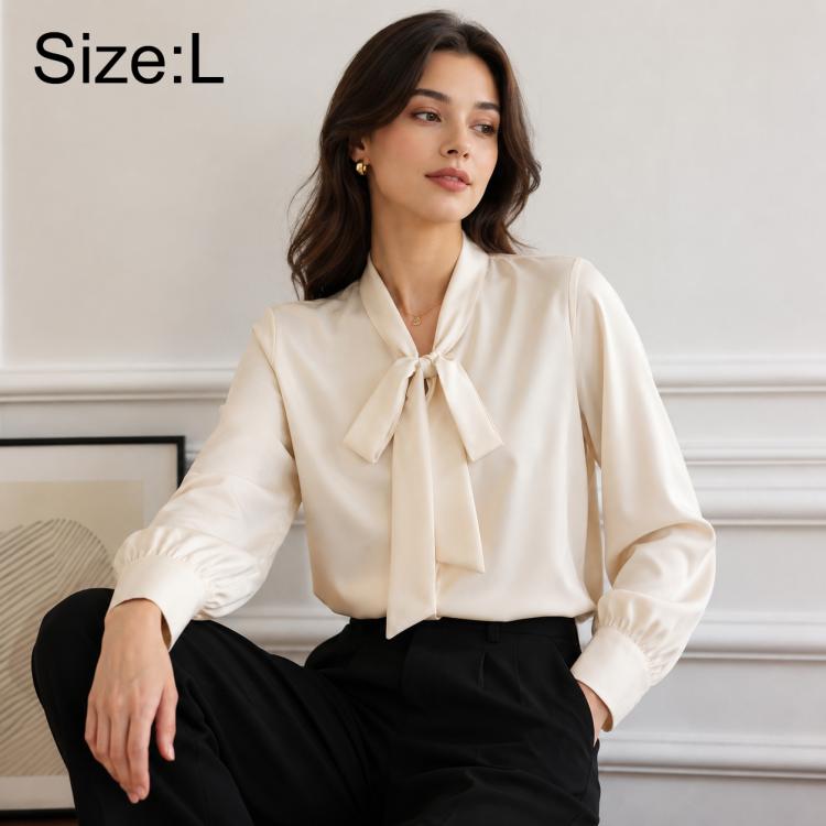 Women's bow tie neck blouse, long-sleeve, size L, light cream