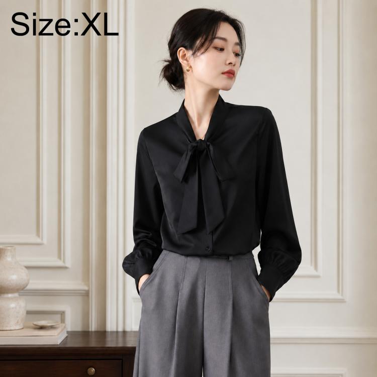 Women's bow tie neck blouse, long-sleeve, size XL, black