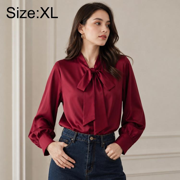 Women's bow tie neck blouse, long-sleeve, size XL, wine red