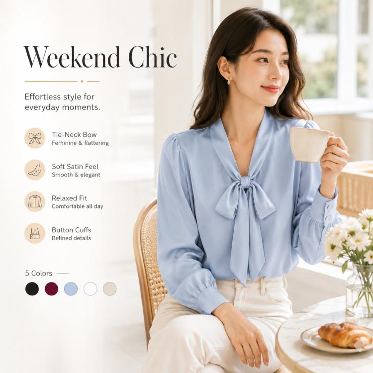 Light blue tie-neck blouse with long sleeves, bow detail, and button cuffs for women