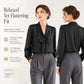 Black tie-neck blouse with bow neckline, long sleeves, shown front and back