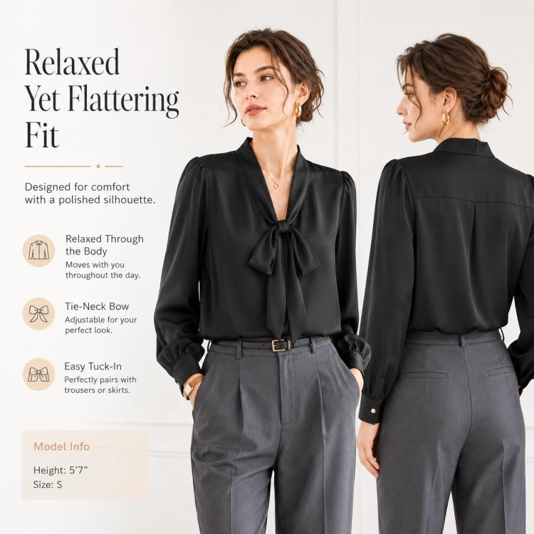 Black tie-neck blouse with bow neckline, long sleeves, shown front and back