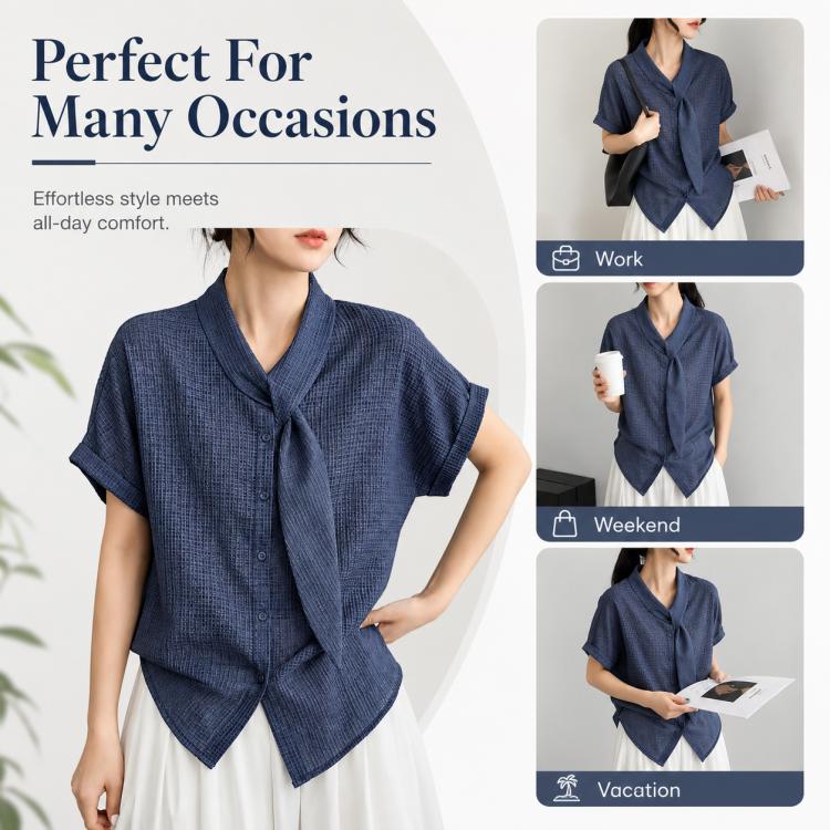 Women’s textured dark blue tie-neck button-front blouse with short rolled sleeves and asymmetrical hem.