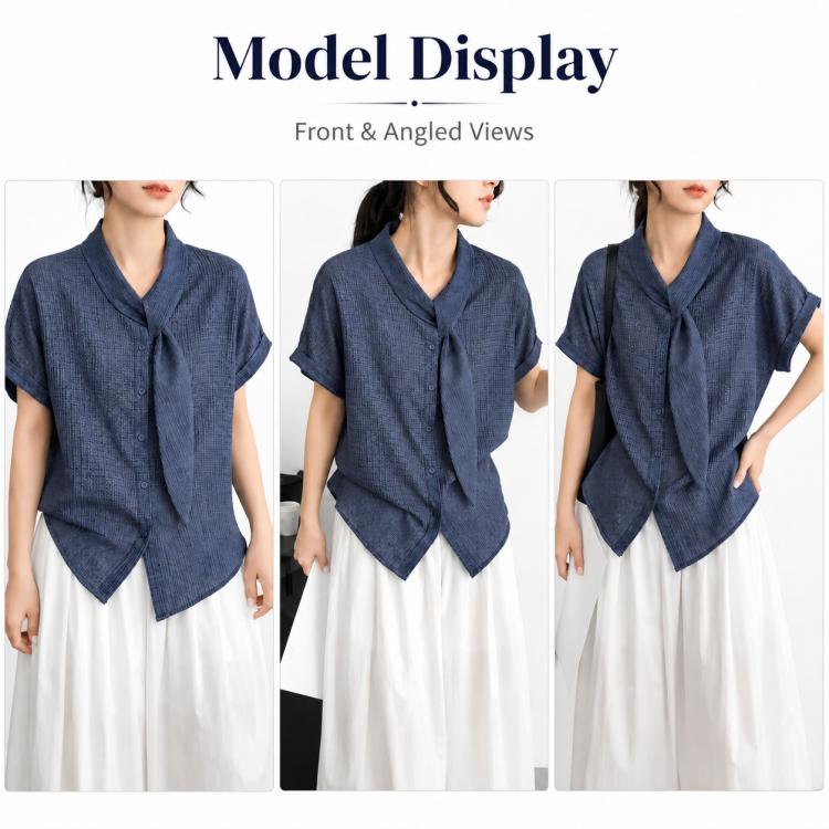 Women’s tie-neck button-front blouse in textured dark blue, shown from front and angled views.
