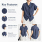 Women’s tie-neck button-front short-sleeve blouse in textured dark blue with rolled cuffs.