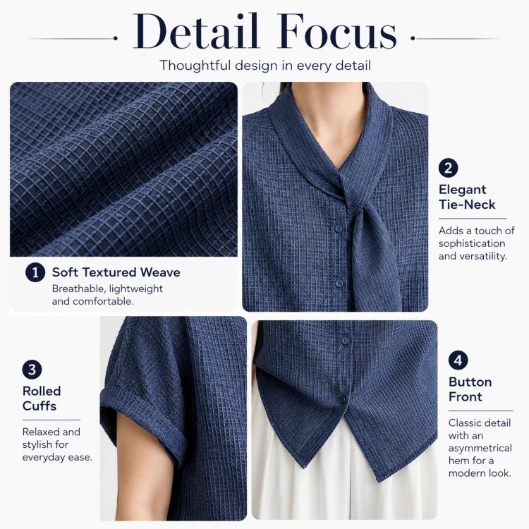 Women’s textured dark blue blouse detail: tie-neck collar and button-front placket.