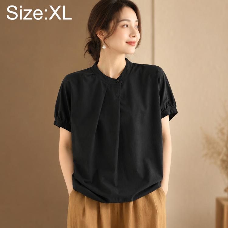 Women’s overlap collar short-sleeve shirt, black, V-overlap neckline and button