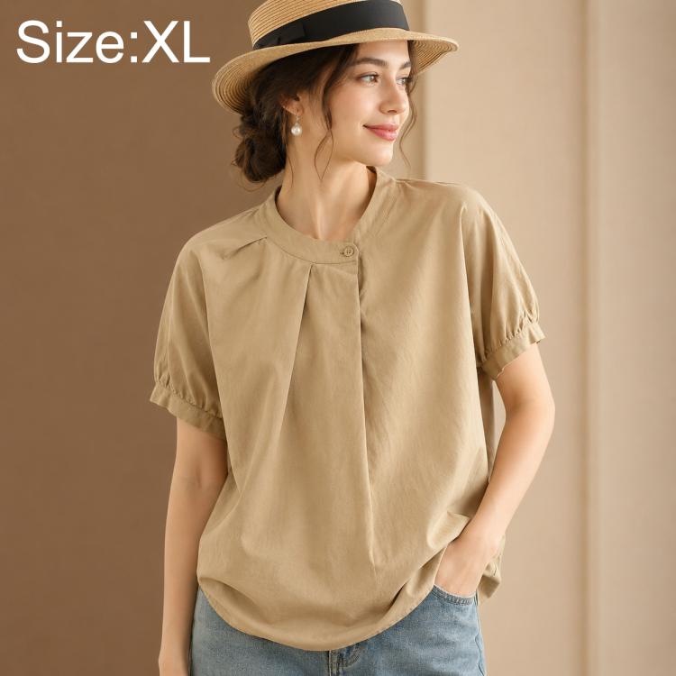 Tan women’s short-sleeve shirt with stand collar and button-front placket