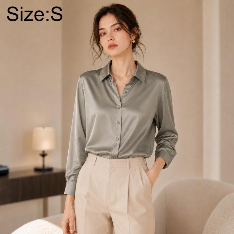 Women long-sleeve button-up shirt, grey satin look, collared, front buttons; Size S