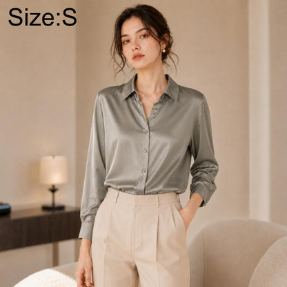 Women long-sleeve button-up shirt, grey satin look, collared, front buttons; Size S