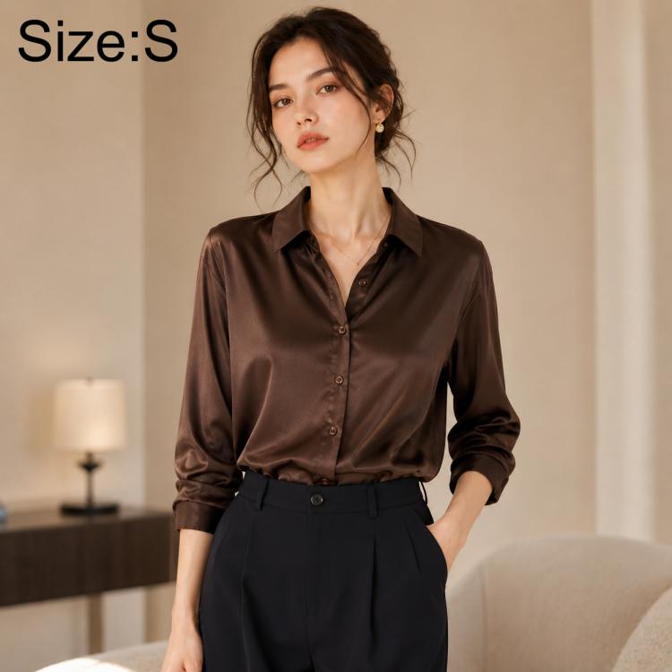 Women’s long-sleeve button-up shirt in dark brown satin, classic collar, size S