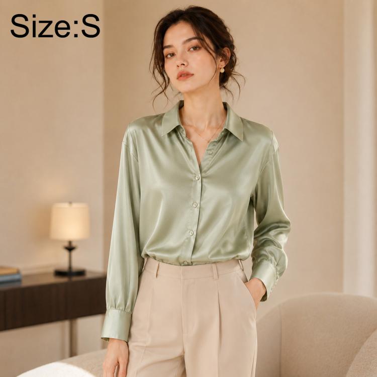 Women long-sleeve button-up shirt, light green satin, size S