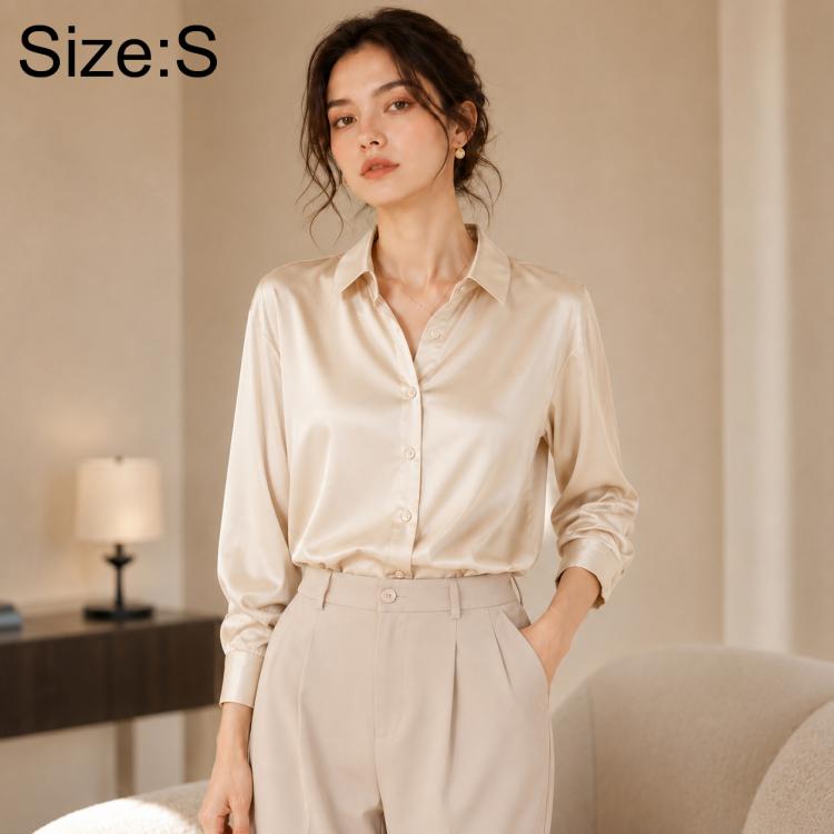 Cream satin long-sleeve button-up shirt with pointed collar and button placket