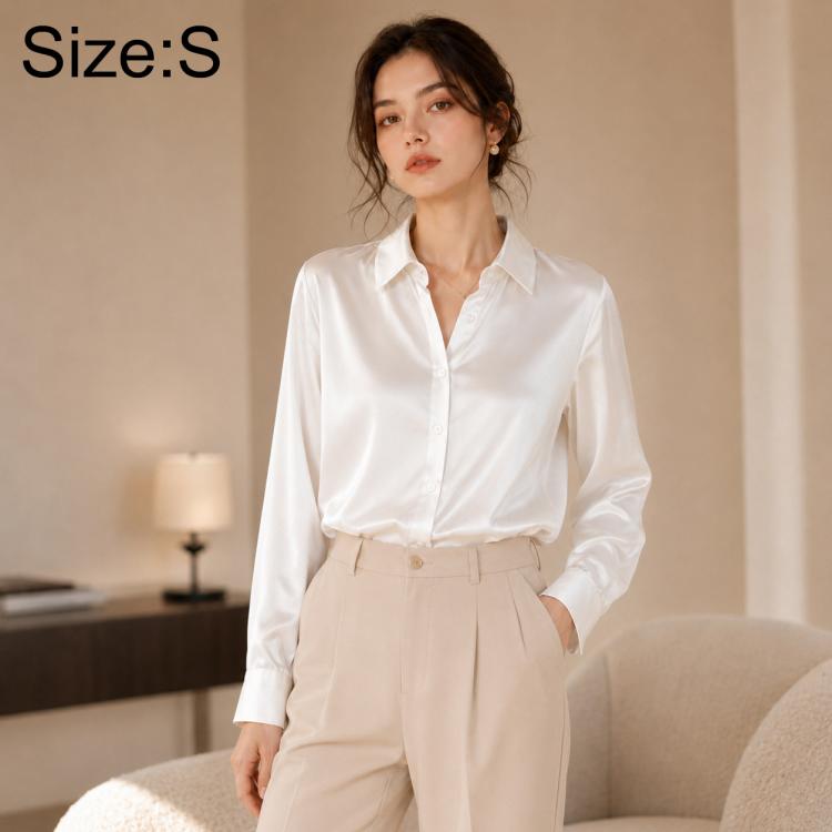 White satin long-sleeve button-up shirt with pointed collar and button placket