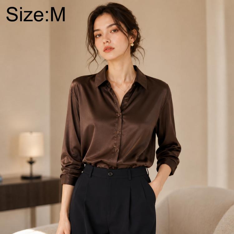 Women’s long-sleeve button-up shirt in dark brown satin, classic collar, size M