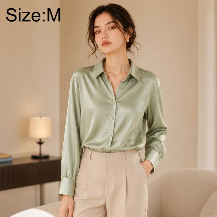 Women long-sleeve button-up shirt, light green satin, size M