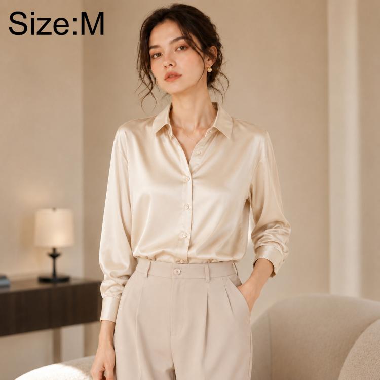 Cream satin long-sleeve button-up shirt with pointed collar and full button placket