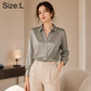 Women long-sleeve button-up shirt, grey satin look, collared, front buttons; Size L