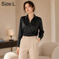 Women long-sleeve button-up shirt, black satin look, collared, front buttons; Size L
