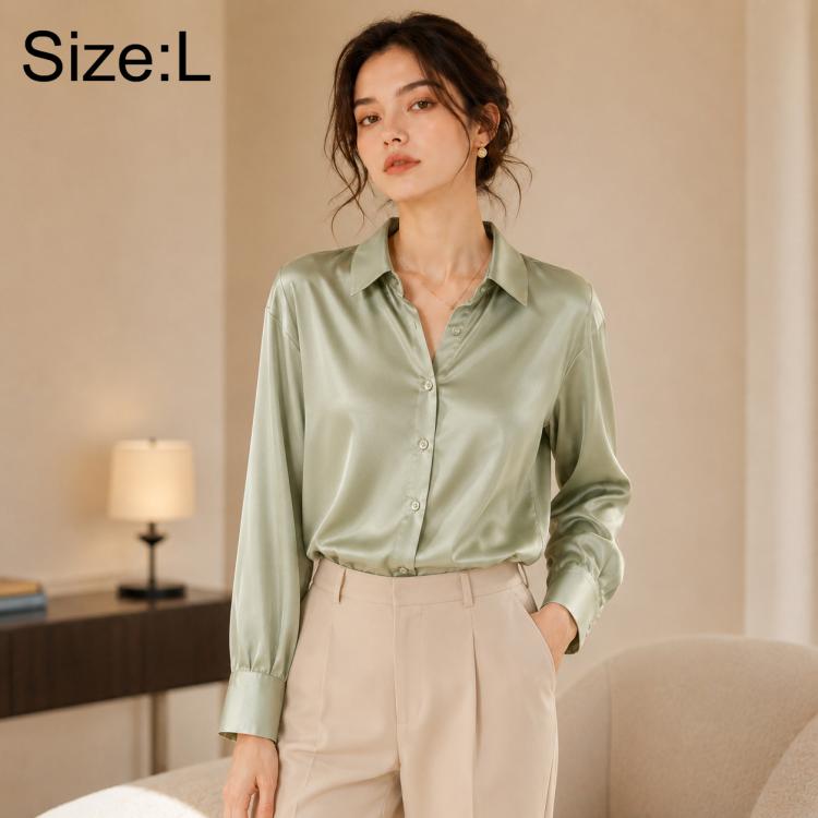 Women long-sleeve button-up shirt, light green satin, size L