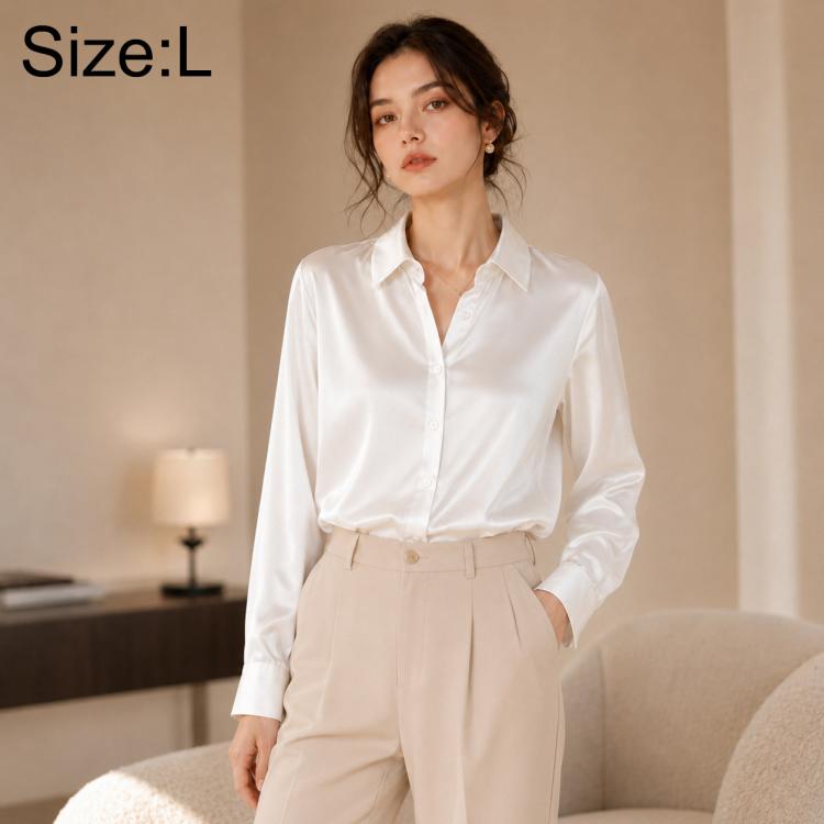 White satin long-sleeve button-up shirt with pointed collar, button placket, and cuffs